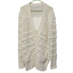 Joie Cardigan Sweater Large Pointelle Cable Knit Pockets Boyfriend Fit Fisherman